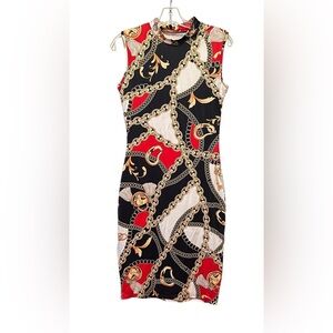 New Party Fun MIDI Dress Chain Print Black Rusty Red Gold Fitted Bodycon Medium